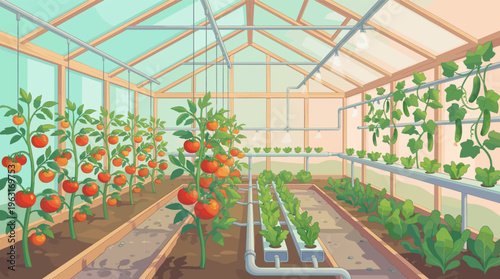 A bright, modern greenhouse illustration with ripe tomatoes and a hydroponic system for growing lettuce. Ideal for agriculture, technology, and sustainable farming concepts.