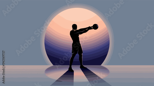 Silhouette of a muscular man doing a kettlebell swing. Vector art for fitness, gym, workout, and healthy lifestyle concepts. Motivational, powerful, and modern design.