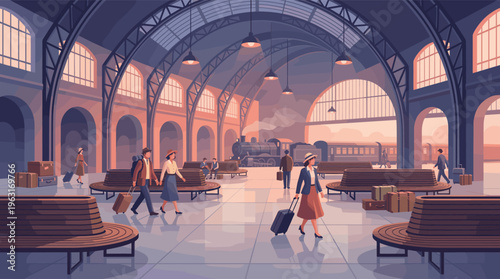 A nostalgic illustration of a vintage train station with travelers. People with luggage walk through a grand hall at sunset, evoking a sense of classic journey and adventure.