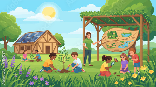 Teacher gives an outdoor lesson on ecology to diverse children. Kids plant trees and study insects, promoting environmental education and sustainability in a fun, sunny setting.