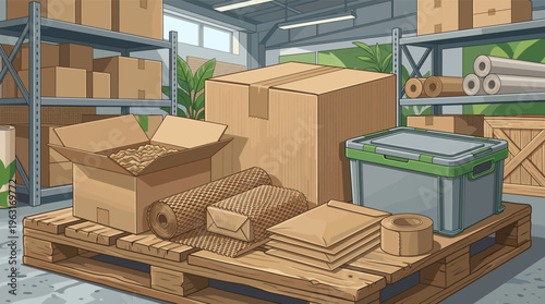 Illustrated warehouse interior with packing supplies on a pallet. Boxes, tape, and eco-friendly wrap for logistics, shipping, e-commerce, and moving concepts. Order fulfillment.