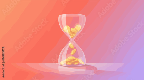 An hourglass with gold coins instead of sand illustrates the concept of time is money. Perfect for finance, investment, business deadlines, and economic growth themes.