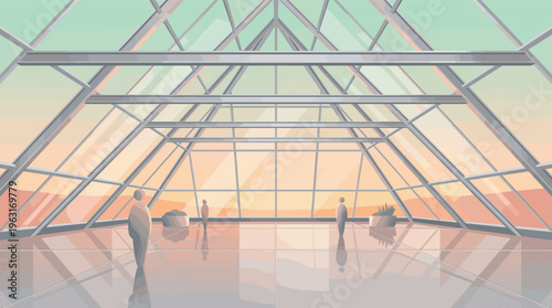Vector illustration of a futuristic office interior with a glass ceiling. Minimalist corporate space with people silhouettes, ideal for business or technology concepts.