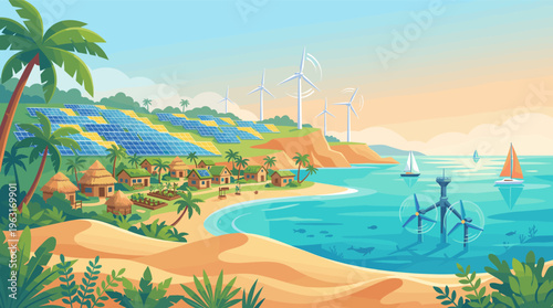 A tropical island village powered by renewable green energy sources like solar panels and wind turbines. Concept of sustainability, eco-friendly living, and future technology.