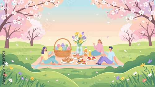 Happy friends celebrate Easter with a spring picnic in a park under blooming cherry blossoms. A festive scene for holiday cards, banners, or seasonal content.