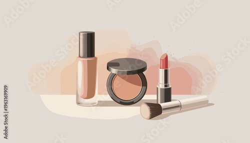 A modern vector illustration of makeup essentials. Foundation, lipstick, powder, and a brush on a soft, abstract beige background. Perfect for beauty blogs or cosmetics ads.