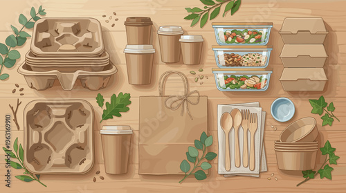 Top view illustration of eco-friendly packaging for takeaway food and coffee. Sustainable concept for zero waste, recycling, and conscious food delivery services.