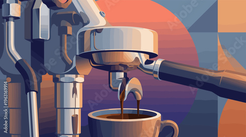A modern, stylized vector illustration of an espresso machine brewing coffee. The warm, abstract design is perfect for cafes, menus, branding, and coffee-related content.