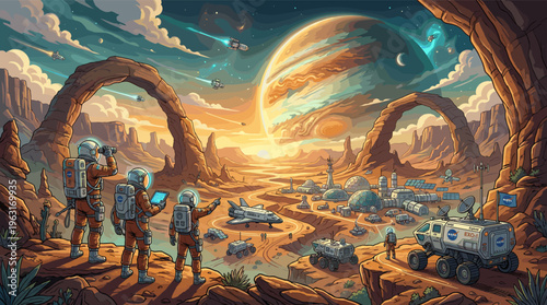 Adventurous comic style illustration of astronauts exploring a futuristic space colony on a rocky alien planet. Ideal for sci-fi, technology, and exploration concepts.