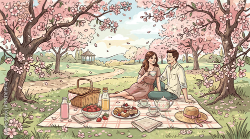 A romantic couple on a spring picnic under blooming cherry blossom trees. Hand-drawn illustration of a happy date in a park, perfect for seasonal or relationship concepts.