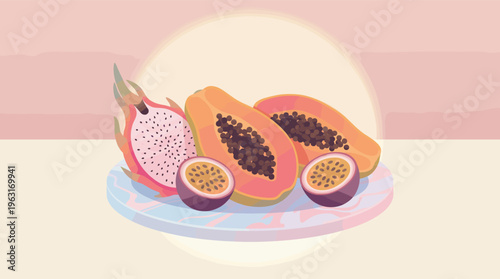 A vibrant illustration of exotic tropical fruits. Sliced dragon fruit, papaya, and passion fruit on a plate. Ideal for health, food, beauty, or travel concepts. Fresh and modern.