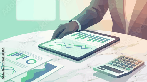 Businessman analyzes financial data on a digital tablet. Office desk with charts, graphs, and a calculator for corporate concepts like investment, analytics, and accounting.