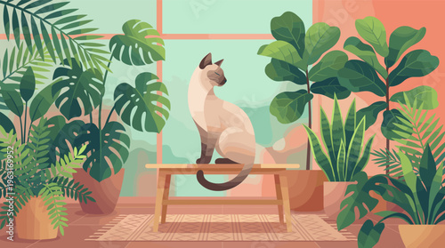 Calm Siamese cat relaxing in a modern interior filled with green houseplants. Peaceful vector illustration perfect for home decor, pet care, wellness, and lifestyle themes.