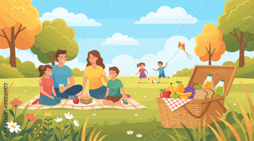 Happy cartoon family on a picnic in an autumn park. Parents and children eating and relaxing on a blanket while kids play. Perfect for lifestyle, leisure, and food themes.