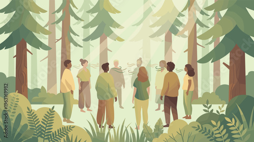 A diverse group practices mindful breathing exercises in a tranquil forest. This peaceful illustration represents wellness, community, mental health, and connection with nature.
