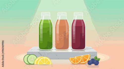 Colorful detox juice in bottles with fresh fruit ingredients. A clean, modern vector for health, diet, and wellness advertising or web banners.