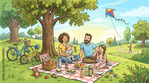Happy family illustration with parents and children on a picnic blanket in a sunny park. A wholesome scene for advertising, parenting blogs, or children's publications.