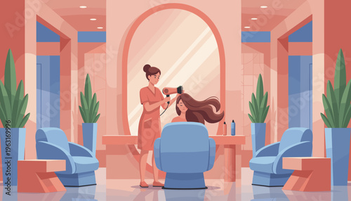 A professional hairstylist blow-dries a client's hair in a modern salon. Vector illustration of beauty treatment, haircare service, and professional pampering.
