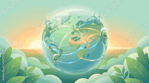Illustration of Earth with a global network connecting renewable energy sources like wind, solar, and hydro. Concept for sustainability, green technology, and a clean future.