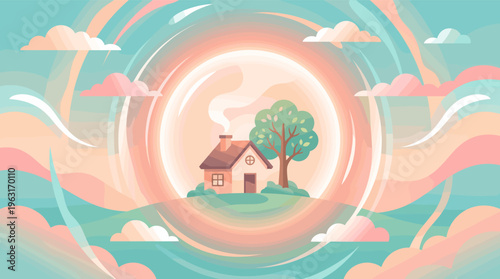 A flat vector illustration of a cozy house and tree in a protective sphere. This magical, dreamy landscape in pastel colors evokes feelings of safety, comfort, and harmony.