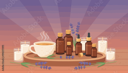 A calming aromatherapy scene with lavender essential oils, steaming tea, and lit candles. Perfect for wellness, spa, and relaxation concepts. Flat vector illustration.