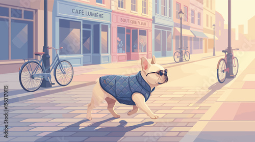 A stylish French bulldog in a vest and sunglasses walks along a sunny European city street past a cafe. This charming vector illustration evokes a cool, urban, and happy mood.