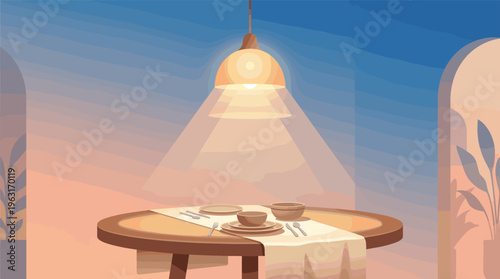 A cozy illustration of a romantic dinner table set for two. A warm lamp illuminates the scene against a beautiful sunset sky. Perfect for romance or restaurant concepts.