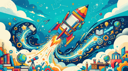 Vibrant illustration of a pencil rocket launching into a universe of knowledge. A dynamic concept for education, back to school, learning, creativity, and STEAM projects.