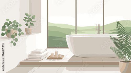 A tranquil modern bathroom illustration with a spa-like atmosphere. Features a bathtub, plants, and window with a nature view. Perfect for wellness or decor concepts.