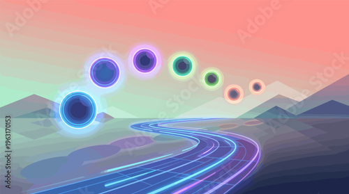 A futuristic digital highway winds through a minimalist mountain landscape. Glowing orbs float above, symbolizing progress, technology, and a journey to the future. Vector art.