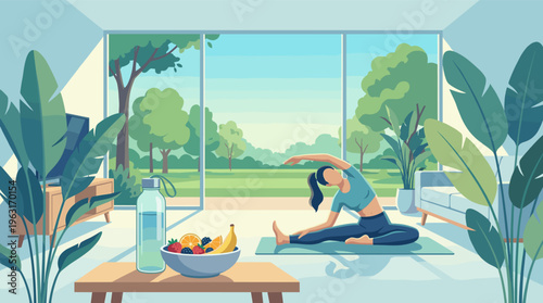 A woman practices yoga on a mat in her sunny, modern living room. This illustration represents a healthy lifestyle, wellness, mindfulness, and self-care at home.