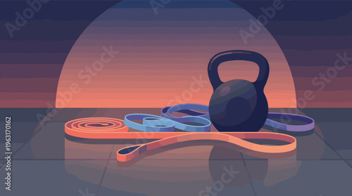 Kettlebell and resistance bands on a gym floor. An atmospheric illustration for fitness, workout, and wellness concepts. Ideal for health blogs and motivational content.