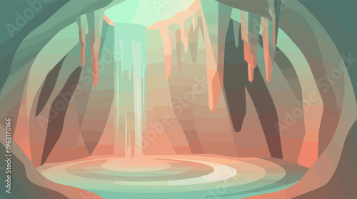 A magical cave scene with a glowing waterfall cascading into a serene pool. This tranquil vector illustration is perfect for fantasy, adventure, or meditation backgrounds.