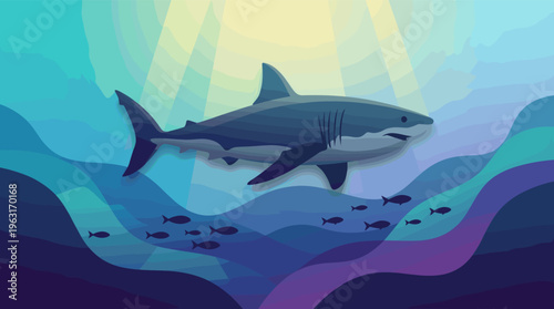 A powerful great white shark swims through the deep blue ocean. Sunlight filters from above. This flat vector illustration is great for nature, wildlife, or danger concepts.