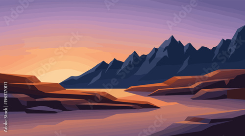 A serene vector illustration of a mountain range at sunset. The warm sky reflects on the water, creating a peaceful mood. Ideal for travel, nature, or background themes.