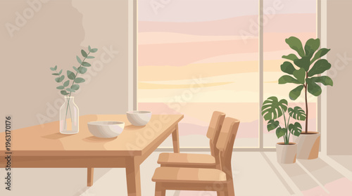 A tranquil, minimalist interior scene with a dining table by a window at sunrise. This warm, peaceful vector illustration is perfect for home decor or lifestyle concepts.