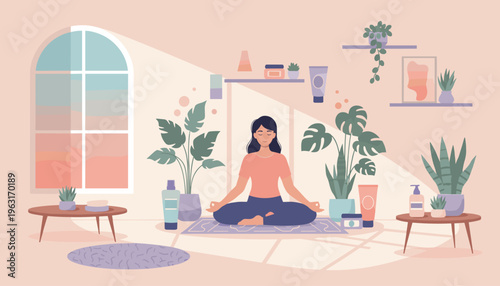 A peaceful woman meditates in a sunlit room, embracing a self-care routine. This illustration represents wellness, mindfulness, and a healthy lifestyle at home.