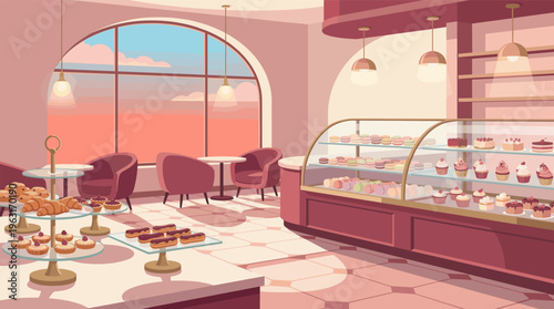 Cozy illustrated bakery interior with a display of fresh pastries, cakes, and macarons. A warm, inviting scene perfect for food, business, or lifestyle concepts.