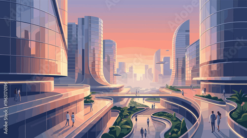 A vector illustration of a futuristic city at sunset. People walk on pathways among green architecture and skyscrapers. Concept for technology, utopia, and smart city.