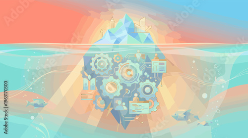 Conceptual illustration of the iceberg model. The underwater part shows a complex system of gears and data, representing hidden business processes, technology, and analytics.