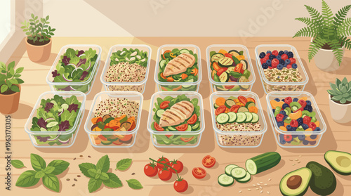 Illustration of weekly meal prep. Containers with healthy food like salads, chicken, and quinoa. Concept for diet, nutrition, and organized healthy eating. Vector art.