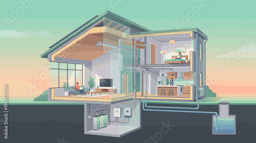 A cutaway illustration of an energy efficient smart home showing technical systems like HVAC, battery storage, and water management. Ideal for tech and eco concepts.