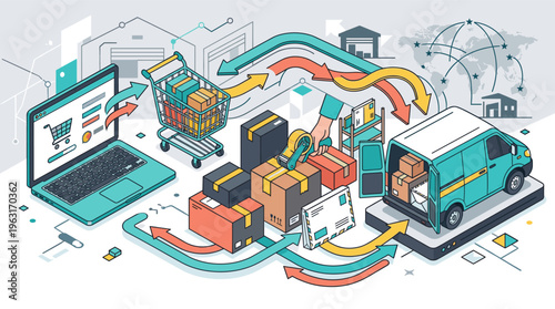 Isometric illustration of e-commerce logistics. Shows online shopping, packing, warehouse, global shipping, and final delivery van. Concept for supply chain and fulfillment.