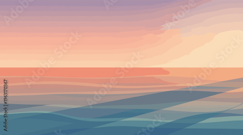 Abstract vector illustration of a tranquil ocean at sunset. This minimalist seascape with a calm, pastel color palette is perfect for a peaceful background or modern decor.