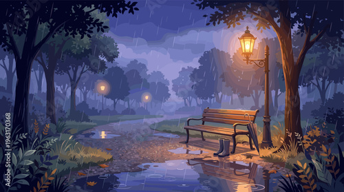 A peaceful illustration of a rainy autumn night in a park. A glowing street lamp illuminates a bench and puddles, creating a serene, melancholic, and cozy atmosphere.