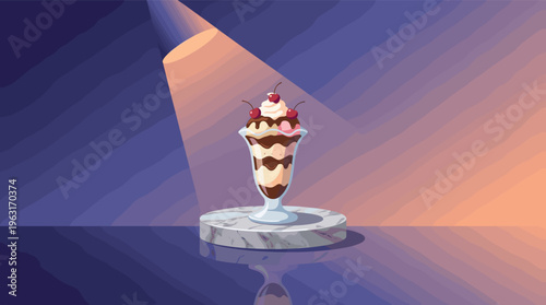 A decadent ice cream sundae with chocolate and cherries sits on a marble stand, highlighted by a dramatic spotlight. A vector illustration for menus or celebration concepts.