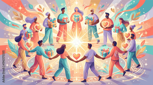 A vibrant illustration of a diverse community sharing gifts and love in a joyful circle. Perfect for themes of unity, charity, hope, and festive celebration.