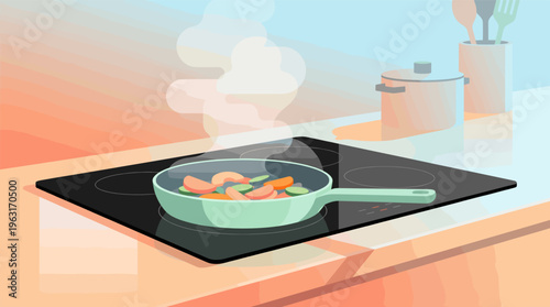 Vector illustration of a modern kitchen scene. Vegetables are frying in a pan on an electric stove, creating a cozy, domestic feel. Perfect for food blogs or healthy lifestyle content.