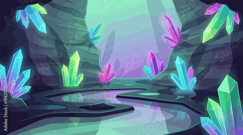 A magical underground cave with glowing crystals and a river. This fantasy landscape is perfect for game backgrounds, book covers, or any mystical-themed project. Vector illustration.