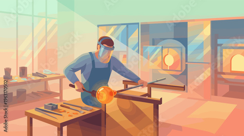 Illustration of a skilled glassblower crafting molten glass in a sunny workshop. Perfect for artisan crafts, small business, and traditional manufacturing.